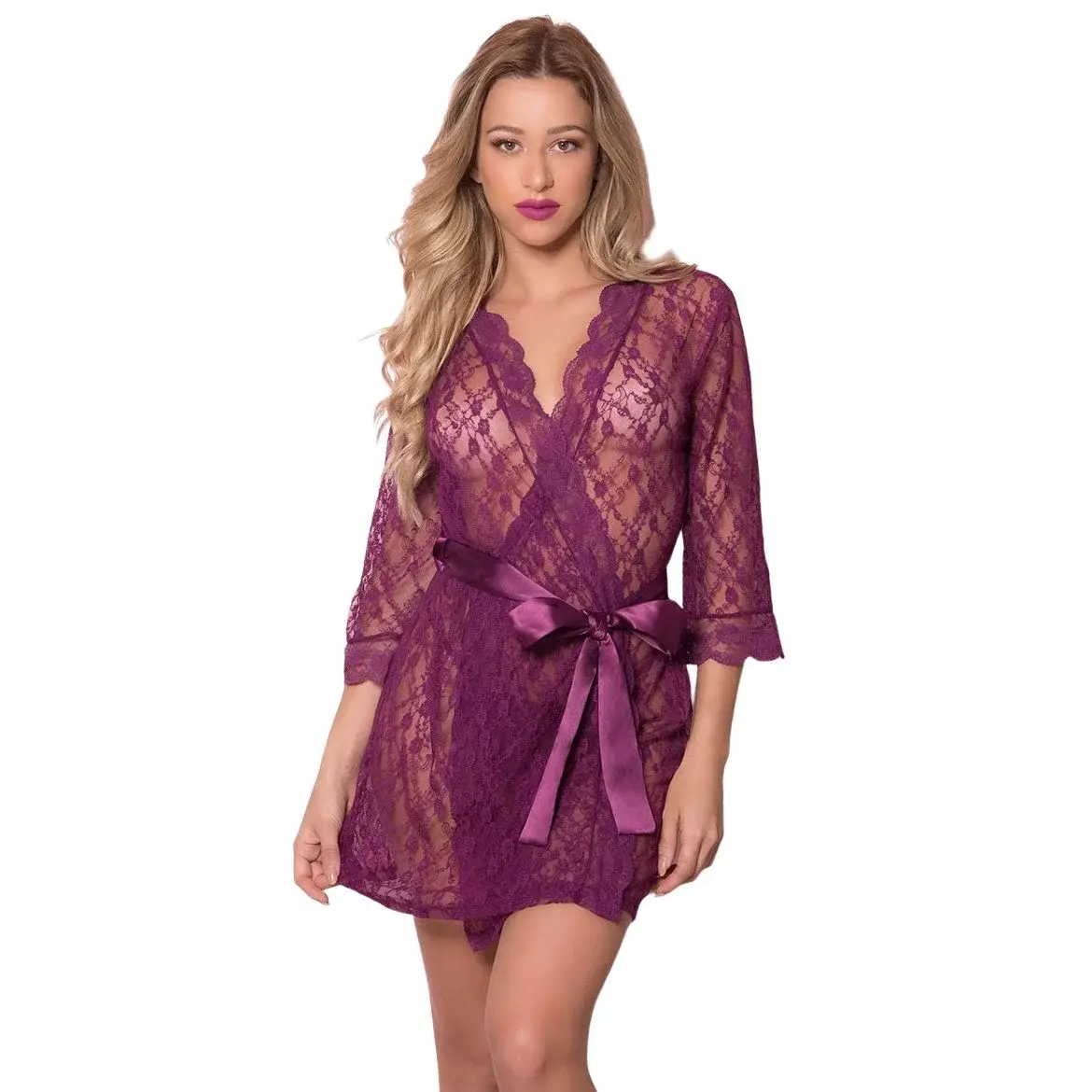 Burgundy lace robe with 3/4 sleeves and satin tie for women.