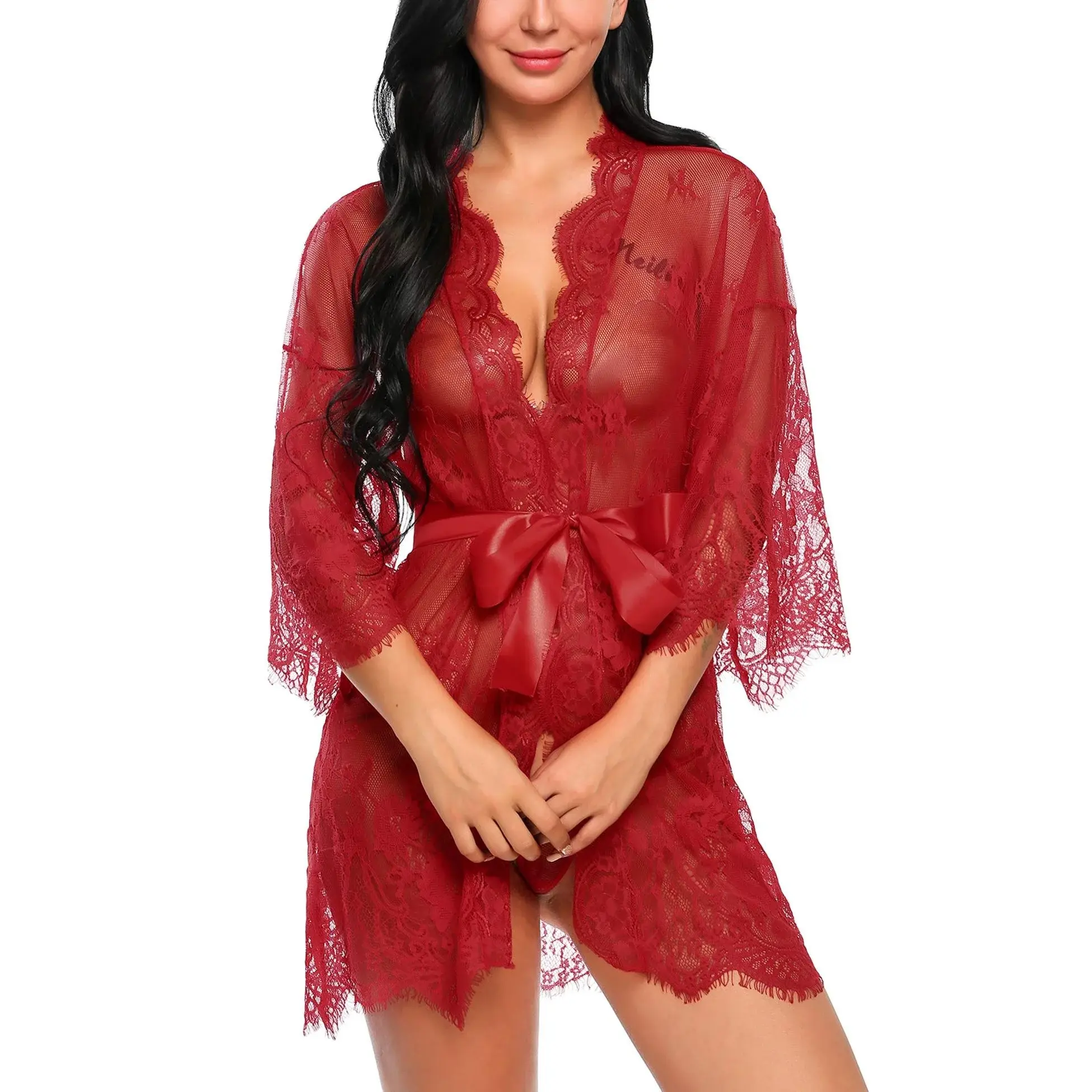Elegant red lace robe for women with full sleeves and v-neck design