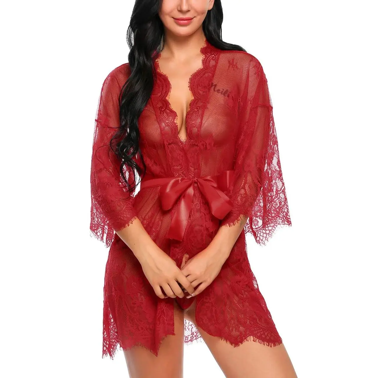 Red lace robe with satin tie closure and full sleeves for women