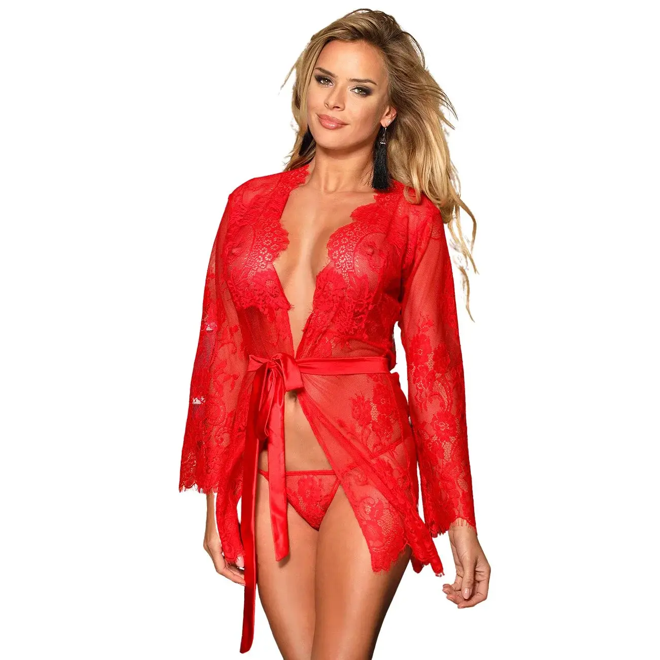 Red lace robe with satin tie closure and full sleeves for women