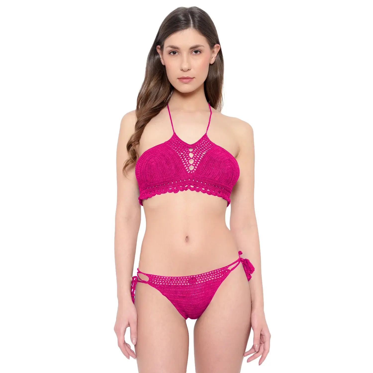 Handmade crochet lingerie set in rose pink with halter neck and bikini bottom