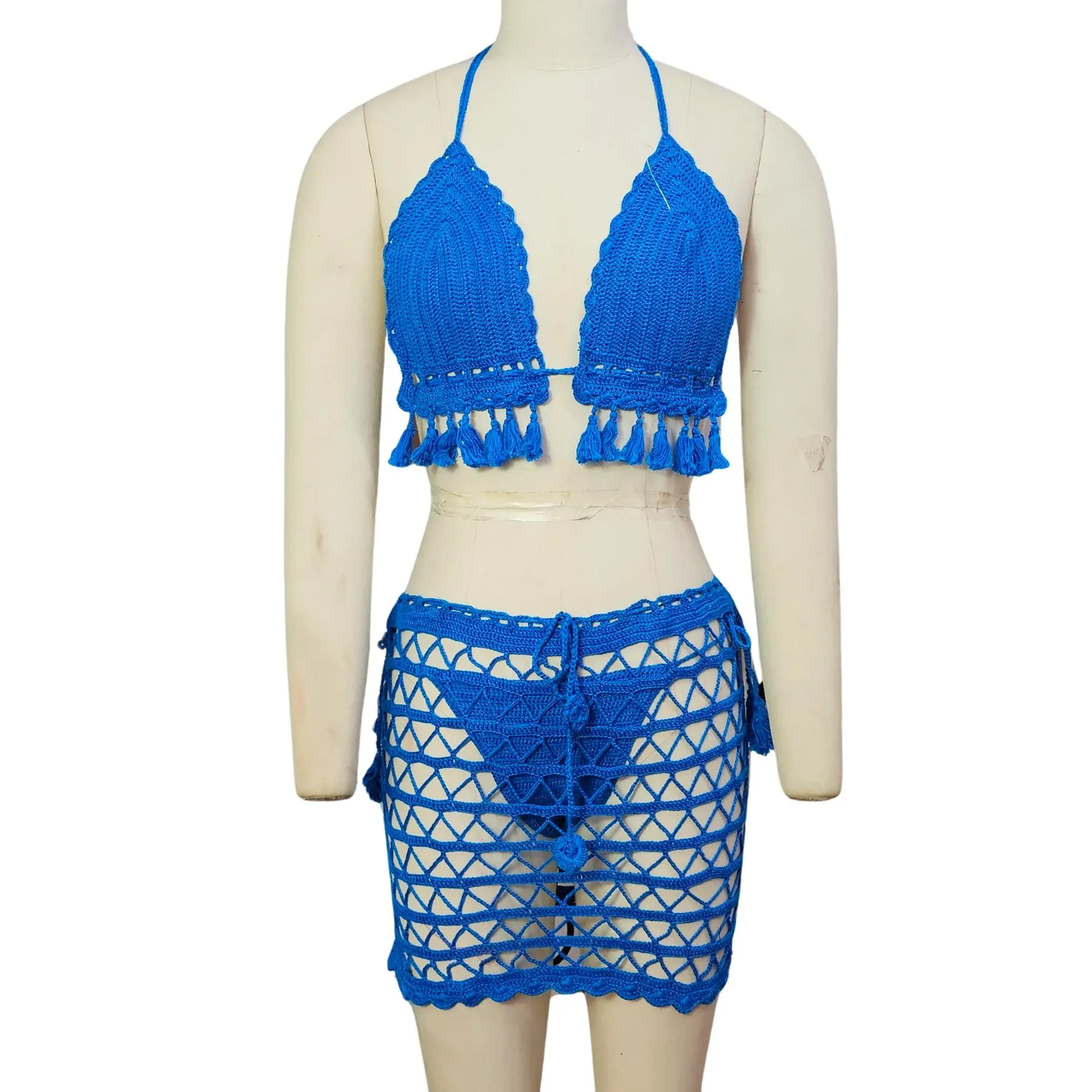 Royal Blue Handmade Crochet Lingerie Set with Skirt for Wholesale