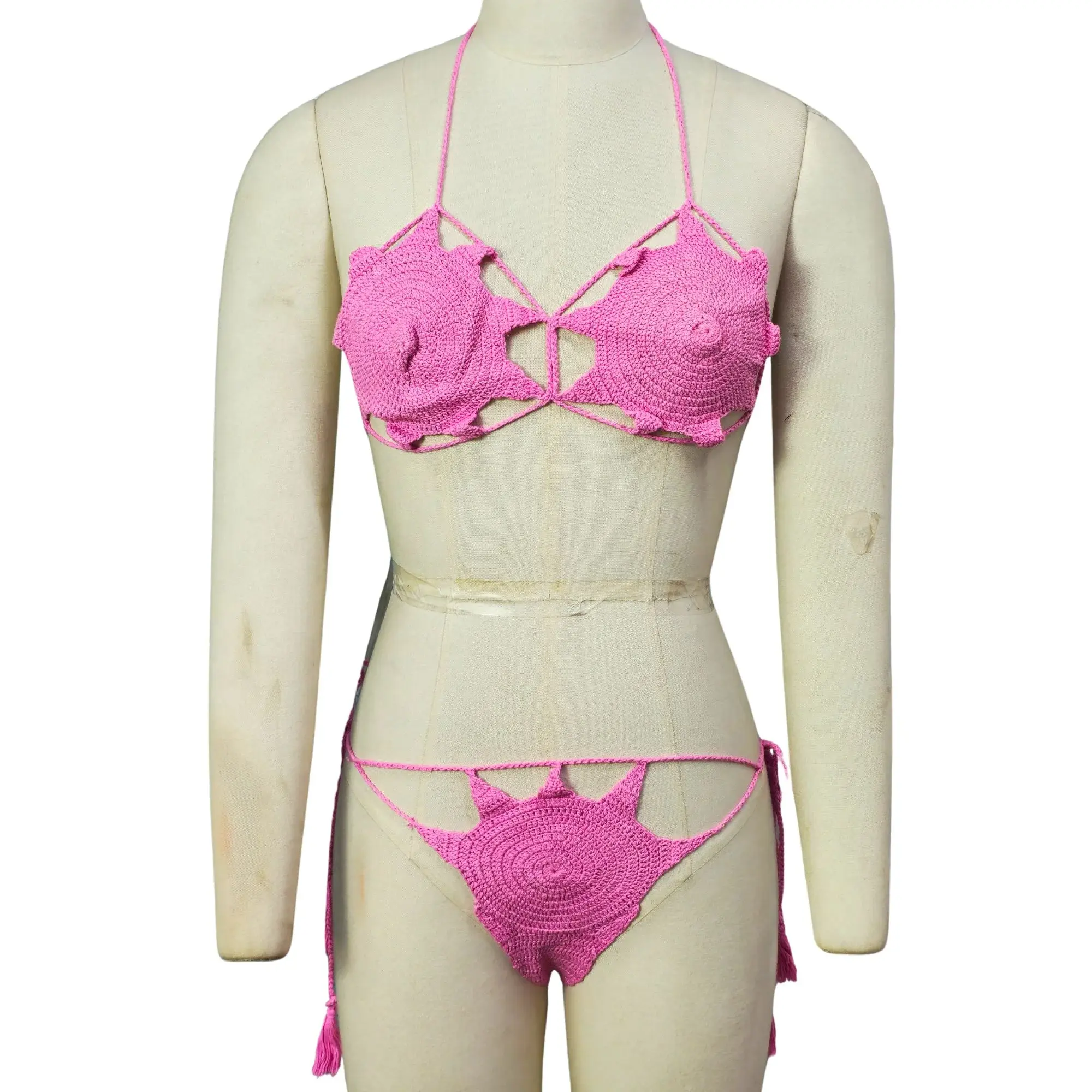 Light pink crochet bikini set with halter neck and string knot closures – India-based dropshipping