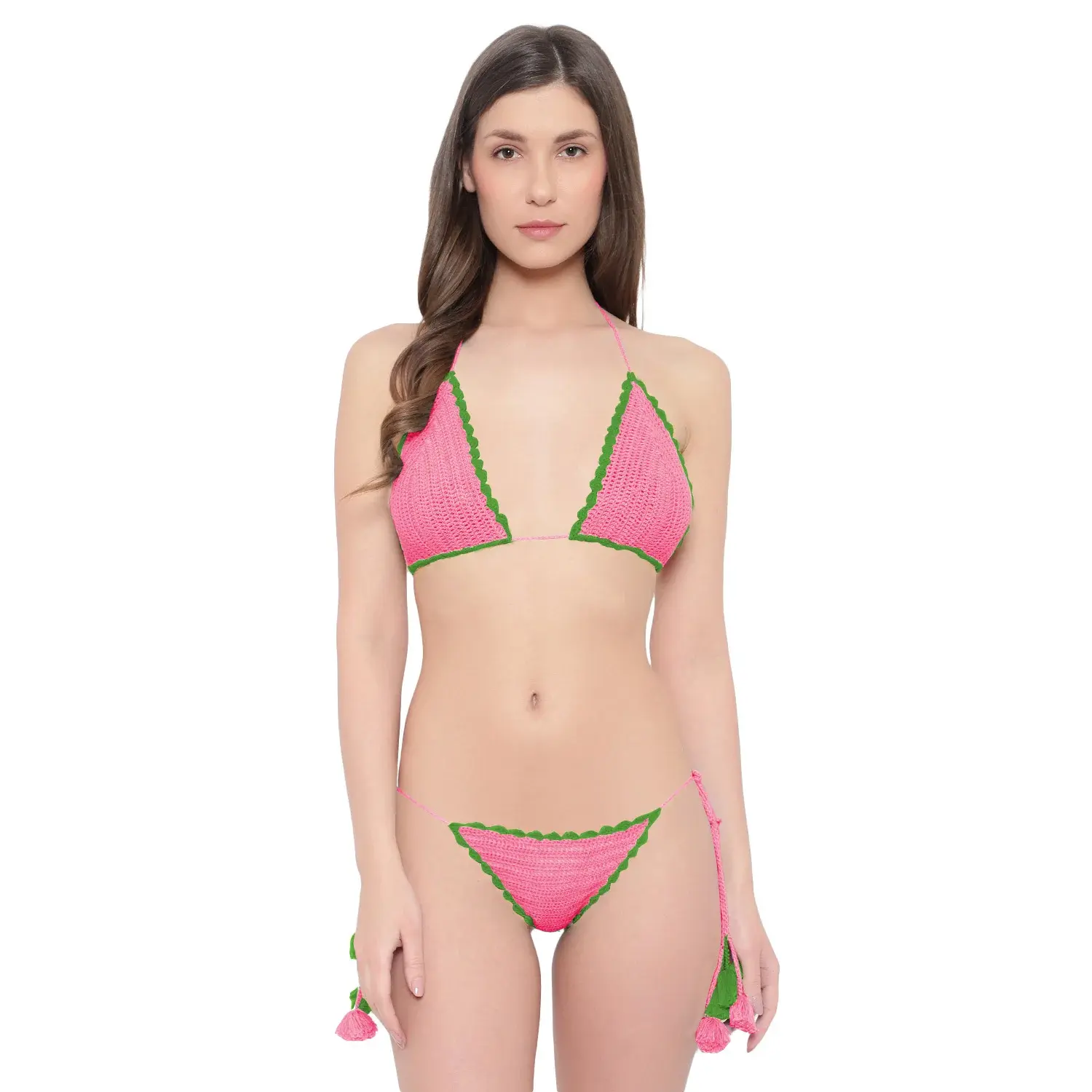Handmade pink crochet bikini set with green accents for women