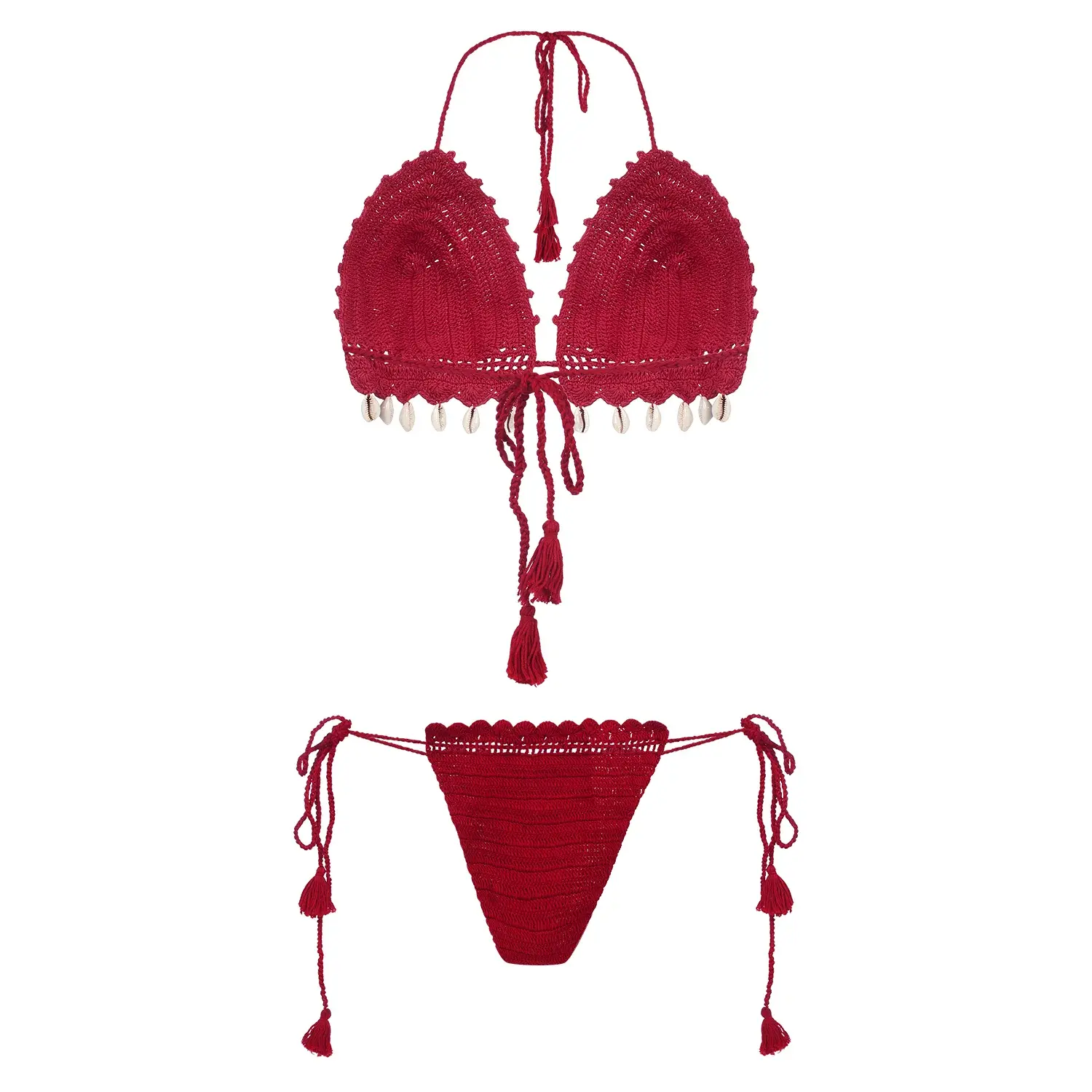 Handcrafted crochet bikini set with shell detailing and string knot closures