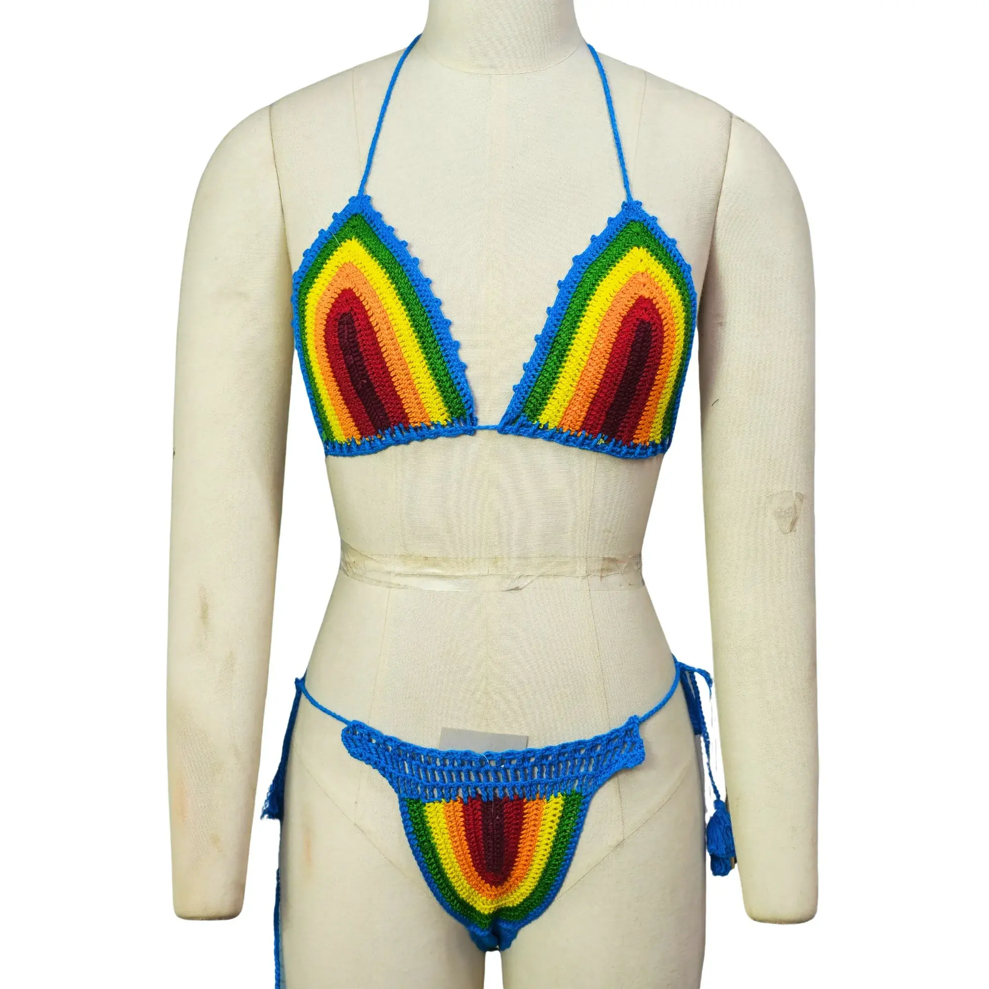 Multi-color crochet bikini set for women, perfect for beach and swim, crafted by the best crochet lingerie dropshipping supplier in India.