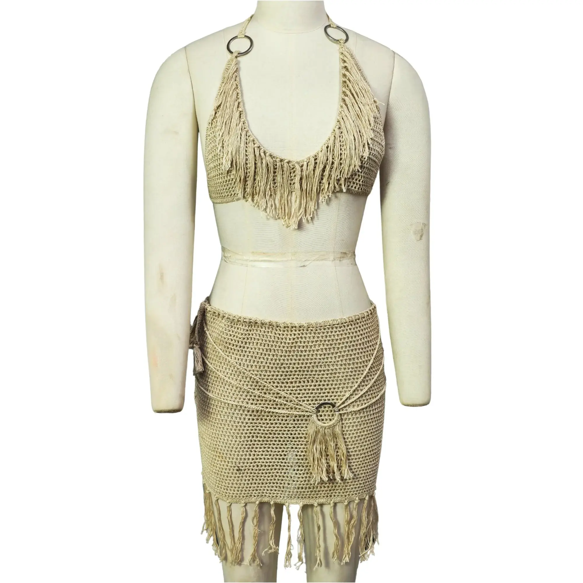 Handmade nude crochet bikini set with fringe detailing, perfect for swimwear or beachwear
