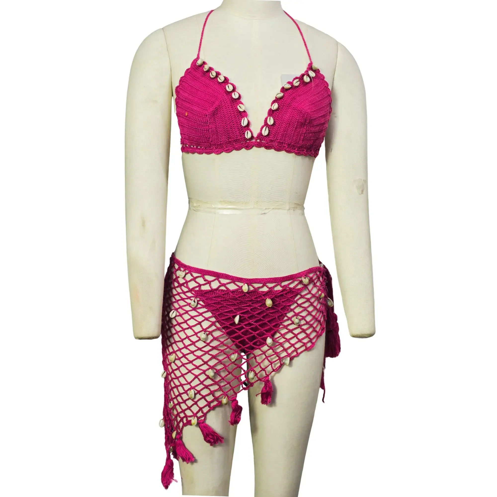 Handcrafted Rose Pink Crochet Bikini Set with Shell Embellishments