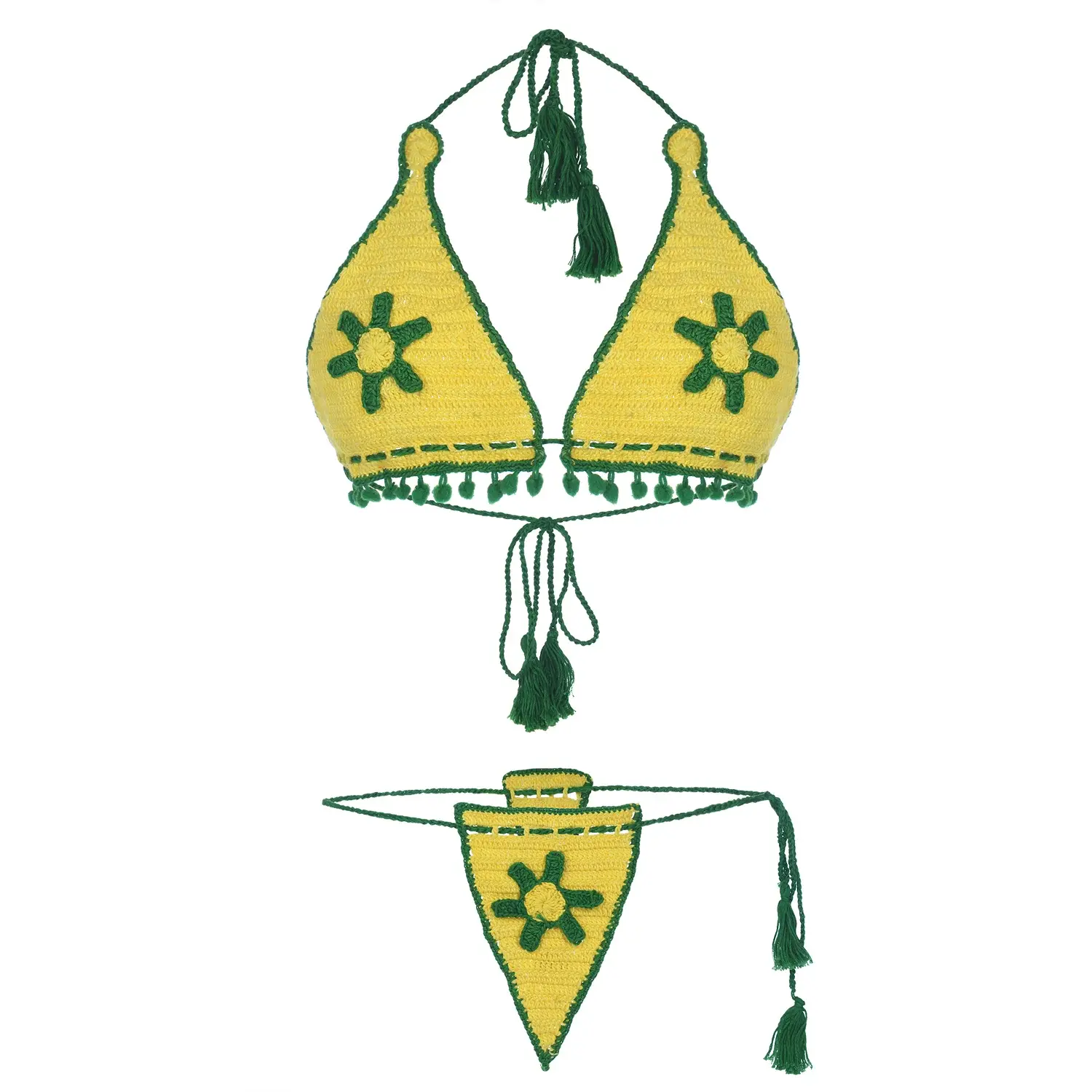 Handmade Crochet Bikini Lingerie Set in Yellow-Green with Halter Neck and Thong