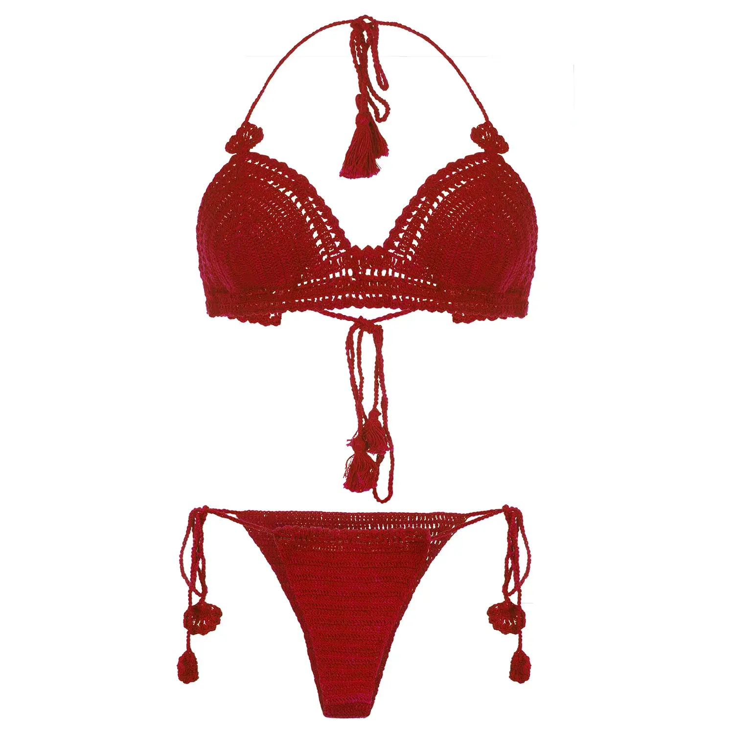 Red Crochet Bikini Set with Halter Neck and Adjustable String Ties
