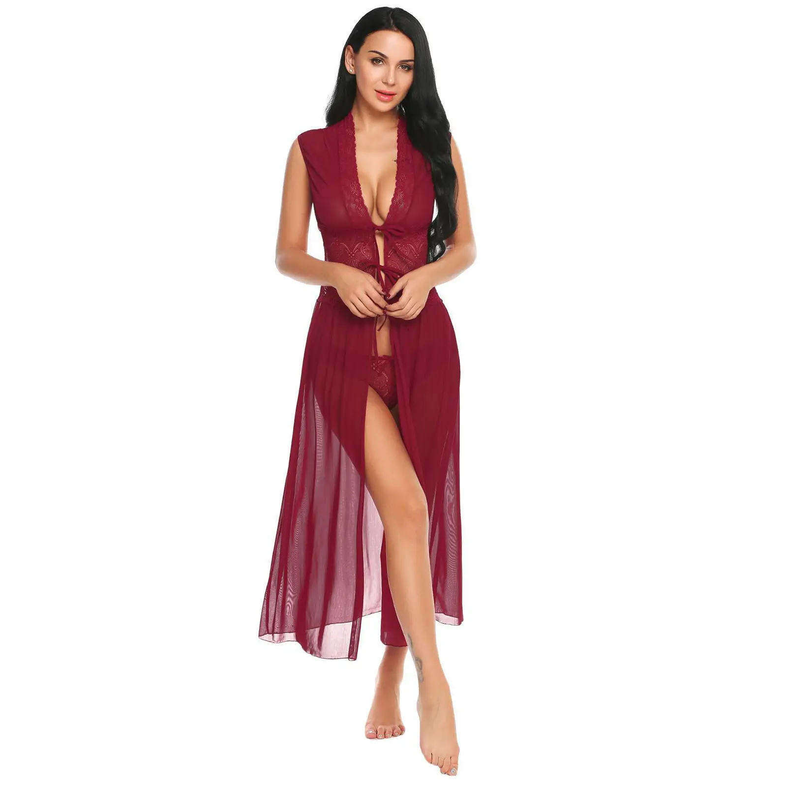 Maroon nightgown set with G-string – ideal for bedroom wear.