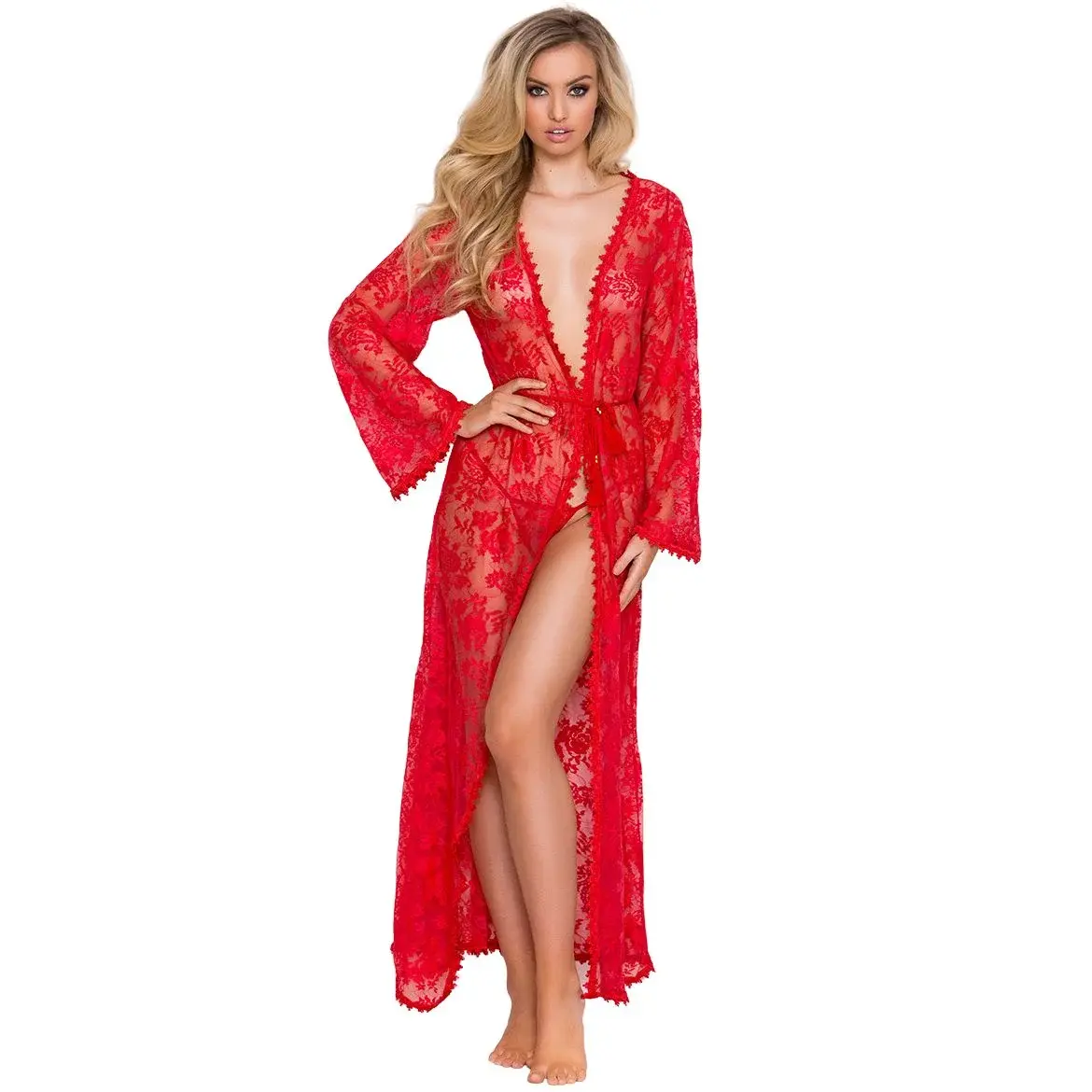 Elegant red lace nightgown with G-String for dropshipping suppliers in India.