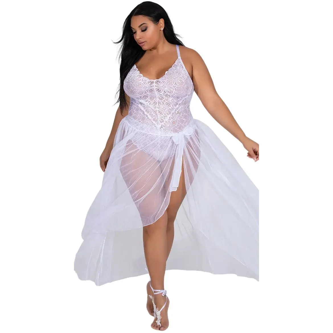 Elegant plus-size lace nightgown with G-string in white by trusted nightgown wholesale manufacturer.