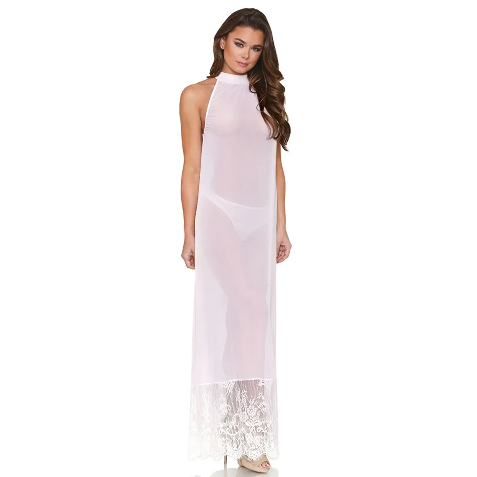 White see-through nightgown with lace hem and G-string panty.