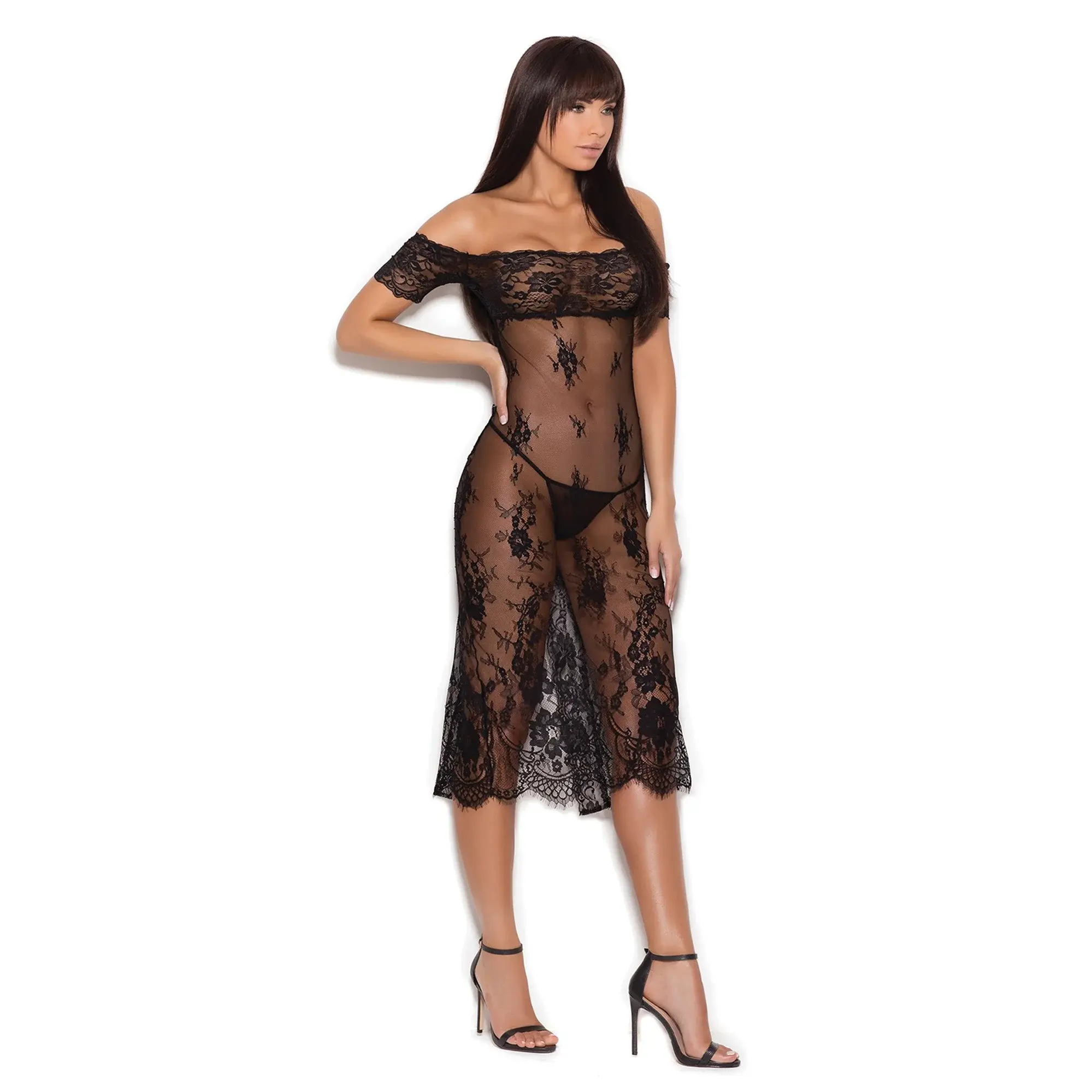 Off-shoulder lace see-through nightgown in black with G-string.