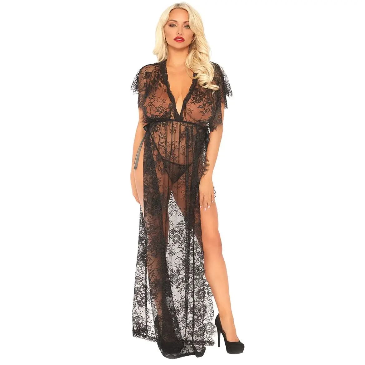 Black lace sheer nightgown with V-neck and full sleeves.