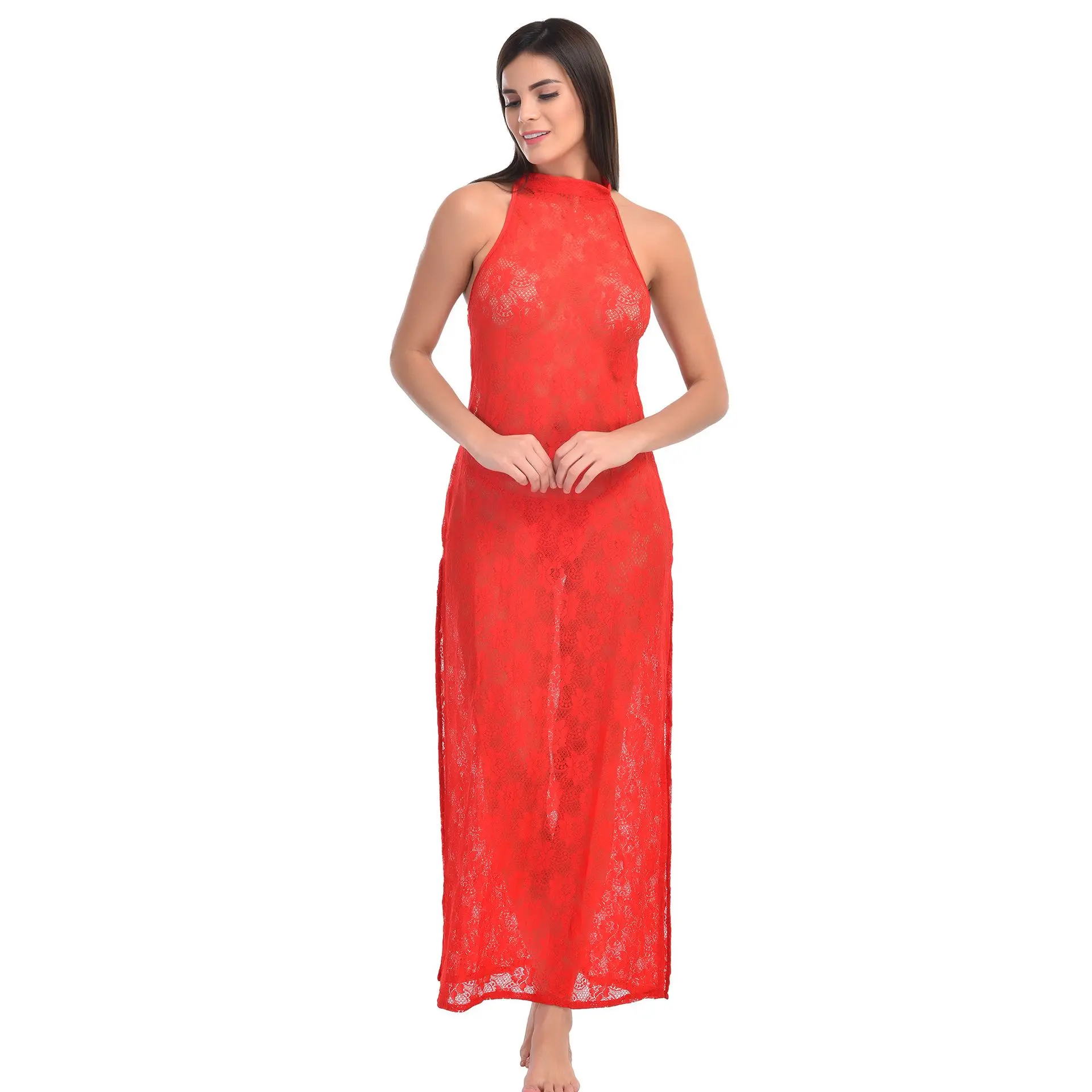 Red Lycra Lace Halter Neck Nightgown – India-based Wholesale Manufacturer.
