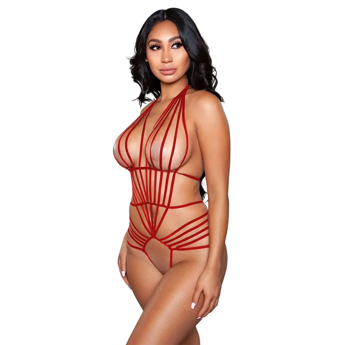 Red Harness Lingerie for Women with Hip-Open Design.
