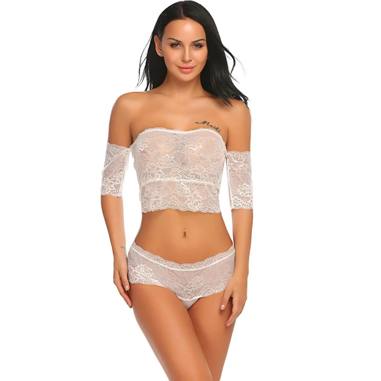 White off-shoulder lace lingerie set for women - hipster panty style.