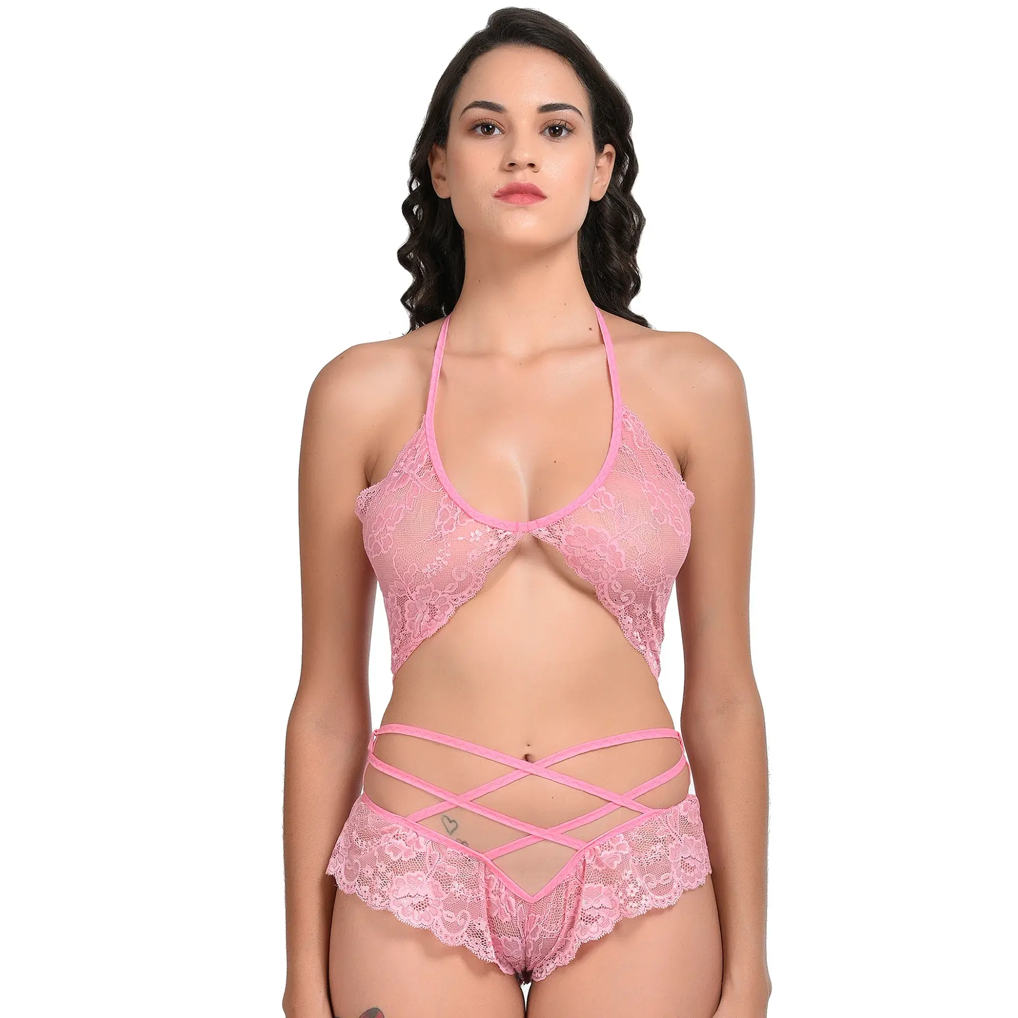 Light Pink Halter Neck Harness Lingerie Set - Hipster Panty.