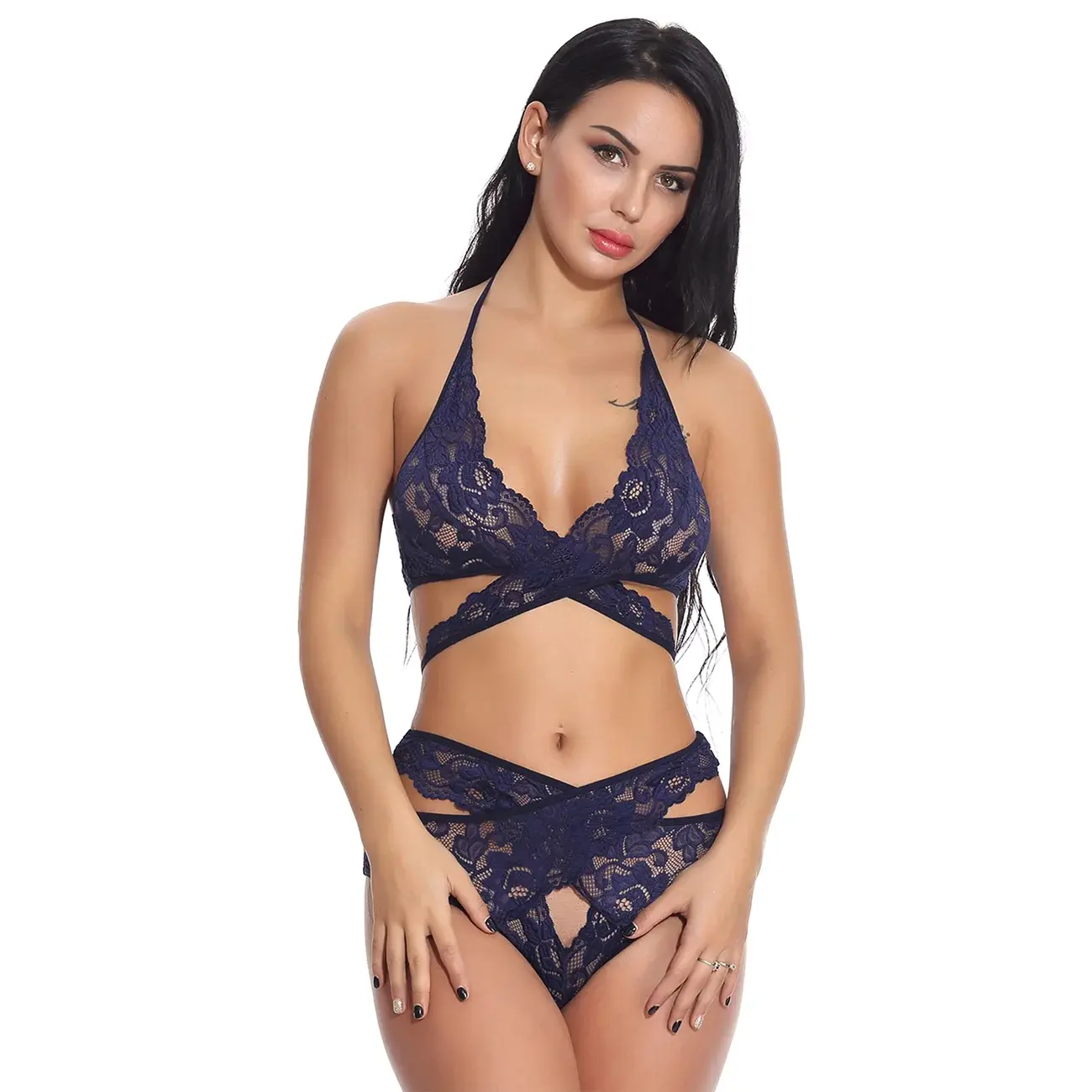 Navy Blue Halter Neck Harness Lingerie Set - Dropshipping Supplier India.
