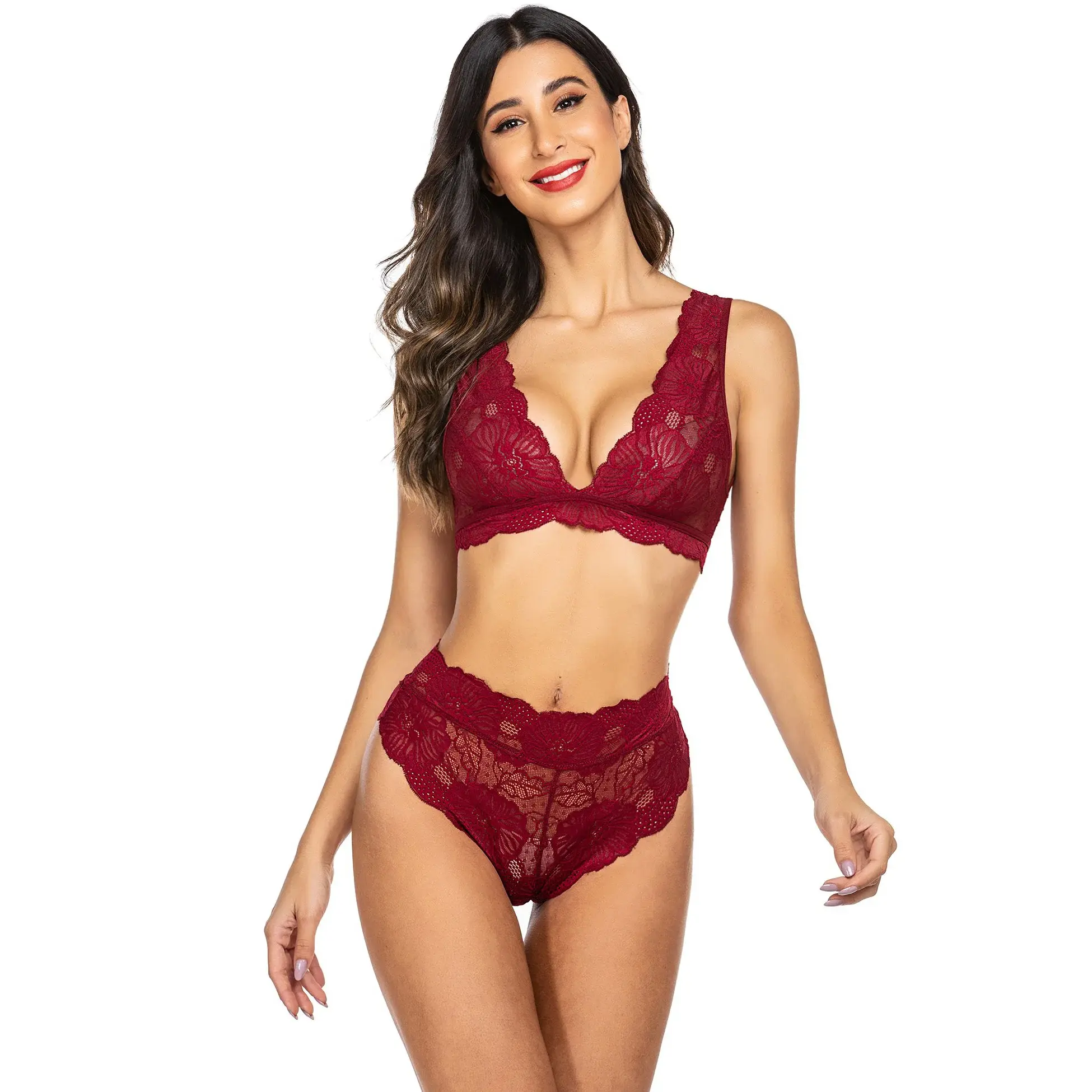 Red lace harness lingerie set with V-neck blouse and boyshorts for women.