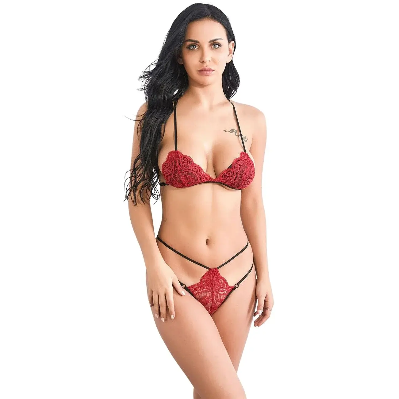 Woman wearing red Racerback Lingerie Set with lace detailing.