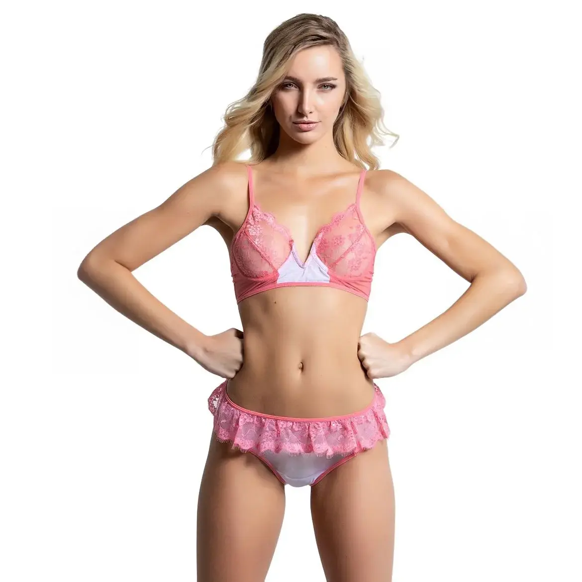 Light pink Bondage Lingerie Set with lace detailing and brief-style panty from a Harness Lingerie wholesale manufacturer in India.
