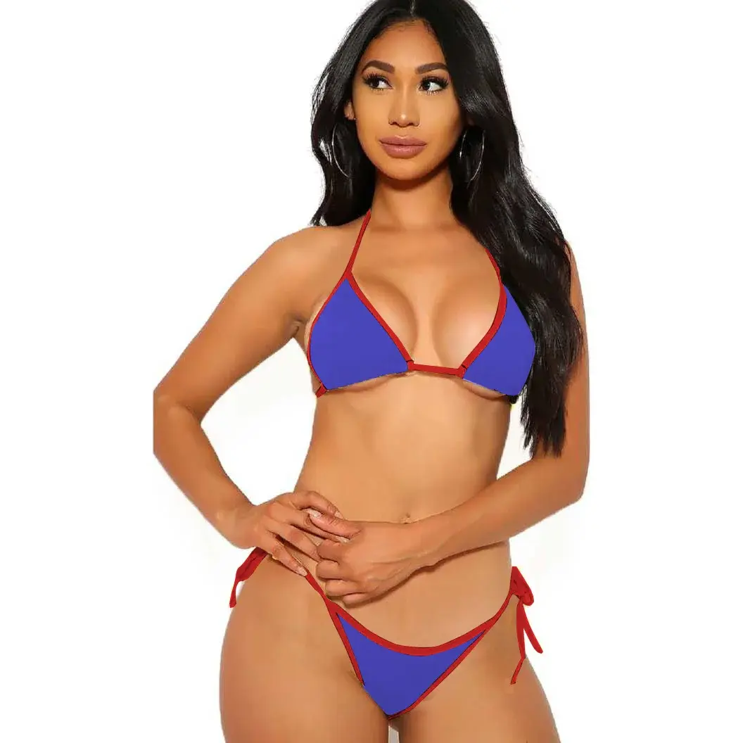 Model wearing Brazilian Bikini Set in Royal Blue with halter neck and low-rise panty.