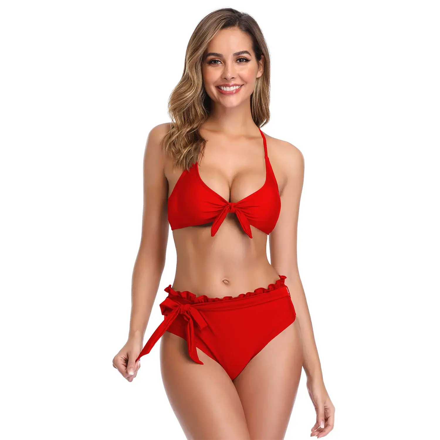 High-waisted deep neck bikini set in vibrant red for women.